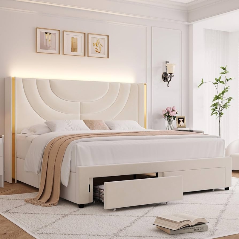 Upholstered LED Bed Frame, Arched Headboard, Beige Velvet & Storage