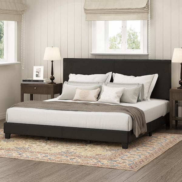 Upholstered Panel Bed in Matte Faux Leather with Minimalist Headboard