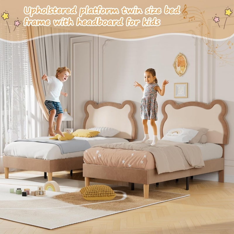 Upholstered Platform Bed Bear Ear Headboard Tan Fabric Playful Kids Room