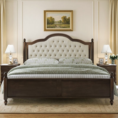 Upholstered Platform Bed Beige Fabric Tapered Wood Legs Transitional