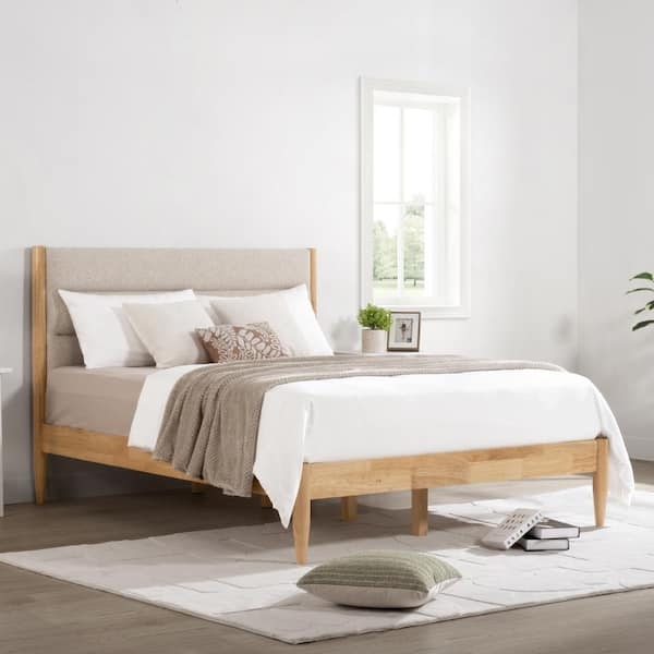 Upholstered Platform Bed Channel Tufting Beige Mid Century Style