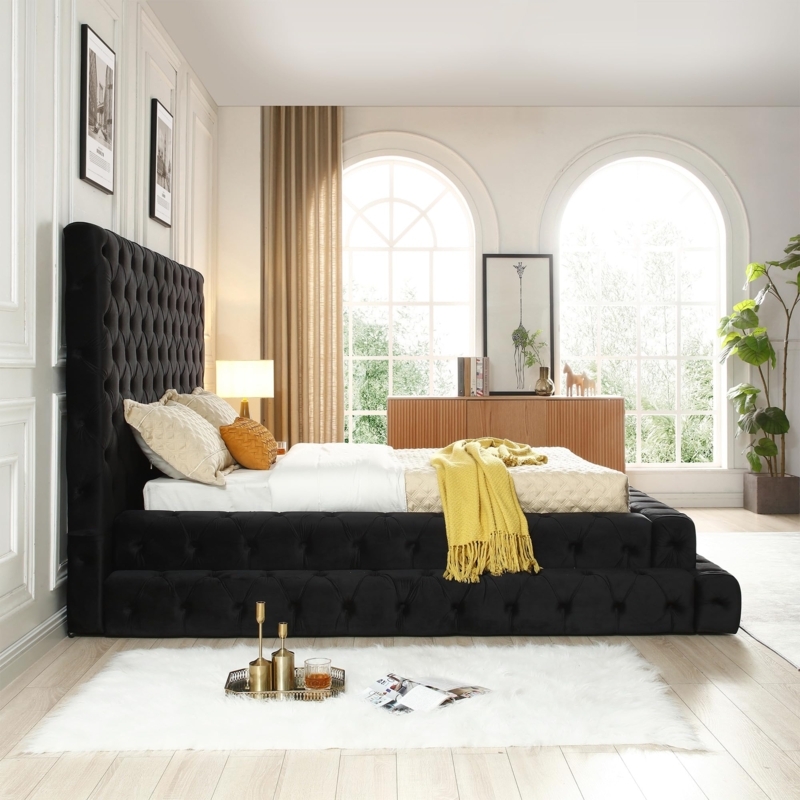 Upholstered Platform Bed in Black Velvet with Extra High Tufted Headboard