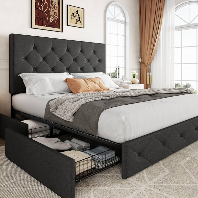 Upholstered Platform Bed in Charcoal Fabric with Diamond Tufted Headboard