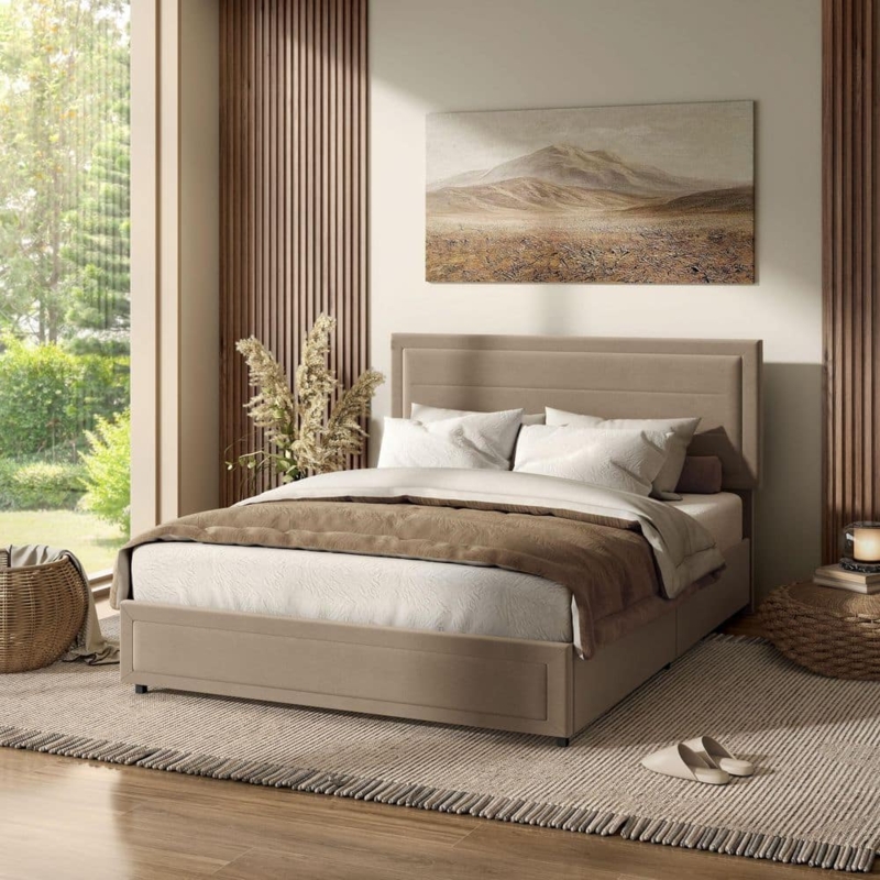 Upholstered Platform Bed Light Brown Channel Tufted Headboard