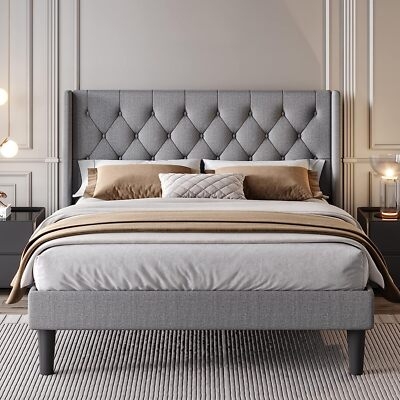 Upholstered Platform Bed Light Grey Wingback Diamond Tufted Transitional