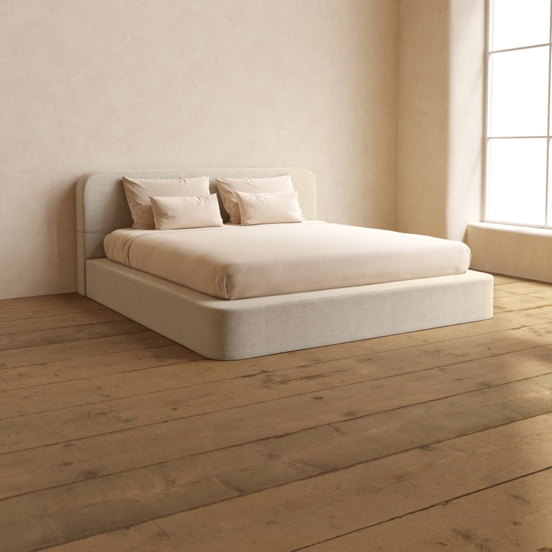 Upholstered Platform Bed Rounded Corners Oat Woven Fabric Japandi Style
