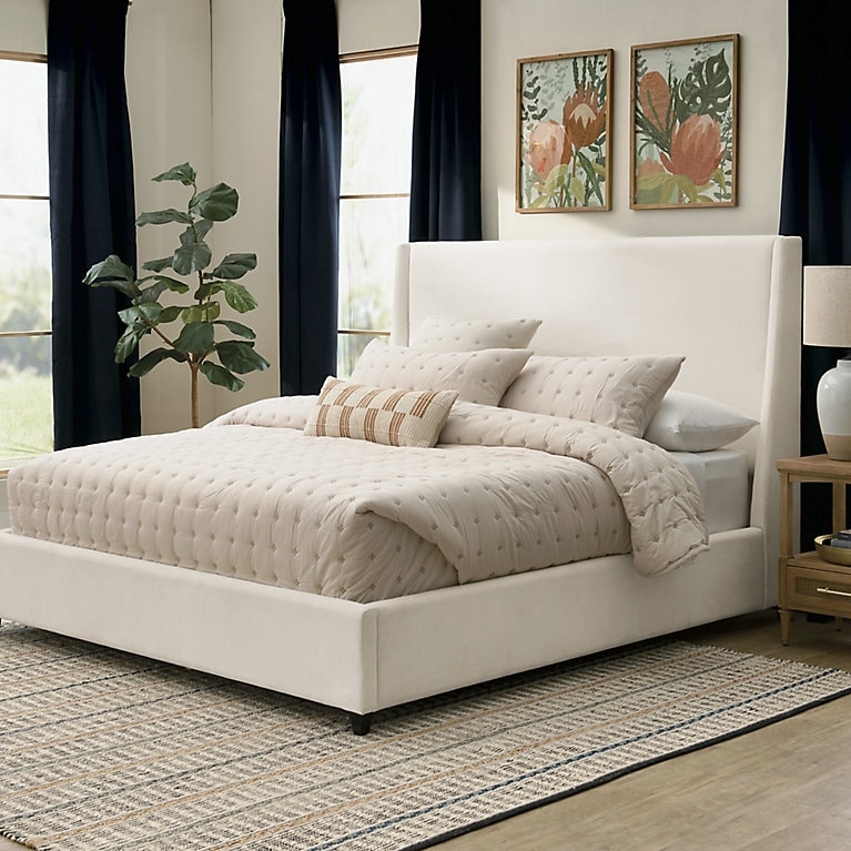 Upholstered Platform Bed Tall Winged Headboard Cream Fabric Transitional