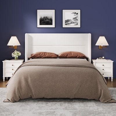 Upholstered Platform Bed White Wingback Headboard Frame Transitional