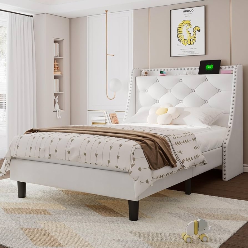 Upholstered Platform Bed Wingback Silhouette Nailhead Trim Storage Feature