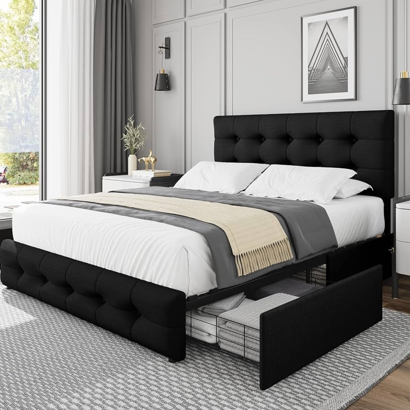 Upholstered Platform Bed with Button Tufting and Wire Basket Drawers