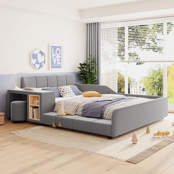 Upholstered Platform Bed with Integrated Desk and Stool