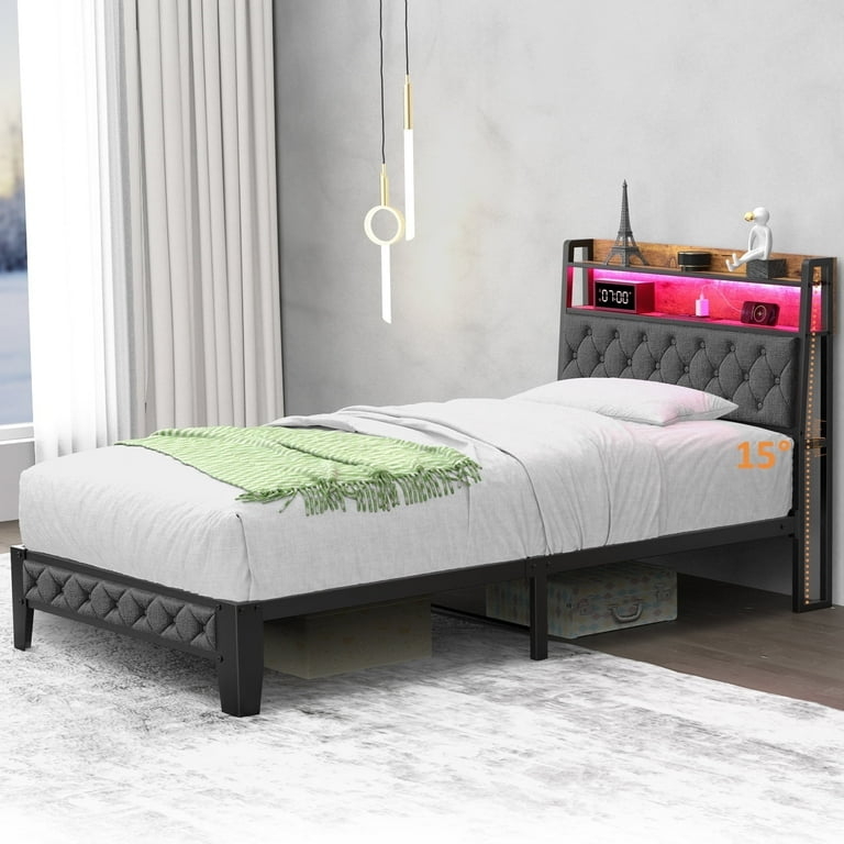 Upholstered Platform Bed with LED Headboard Shelf and Diamond Tufting