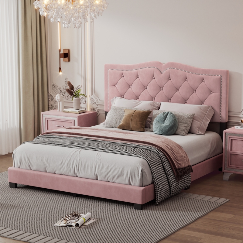 Upholstered Platform Bed with Nailhead Trim and Scalloped Headboard