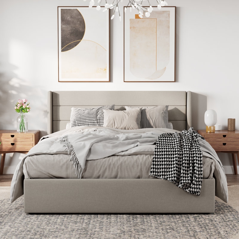 Upholstered Platform Bed with Wingback Silhouette and Channeled Headboard