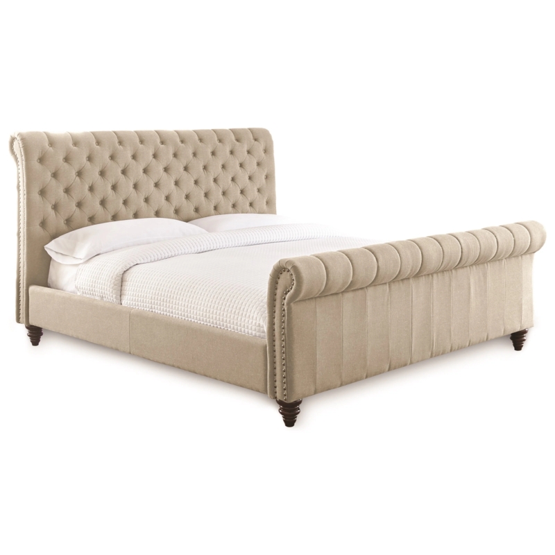 Upholstered Sleigh Bed Beige Button Tufted Scrolled Headboard