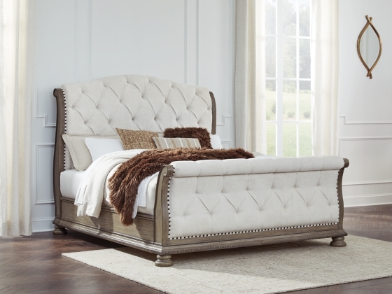 Upholstered Sleigh Bed with Diamond Tufting and Nailhead Trim