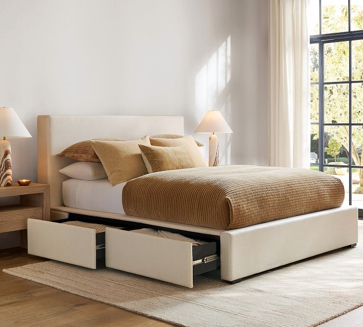 Upholstered Storage Bed Cream Linen Quilted Texture Tall Headboard
