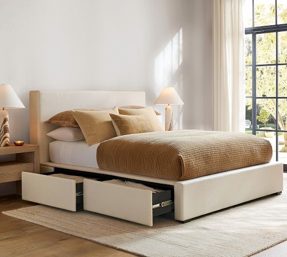 Upholstered Storage Bed in Cream Fabric with Footboard Drawers
