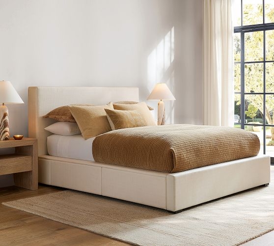 Upholstered Storage Bed in Cream Fabric with Integrated Side Drawers
