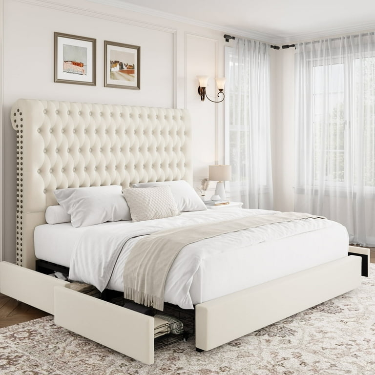 Upholstered Storage Bed King Traditional with Tall Wingback Headboard