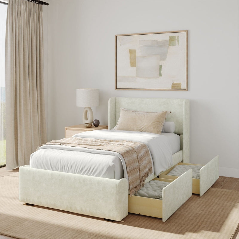 Upholstered Storage Bed Twin Cream Wingback with Linen Texture