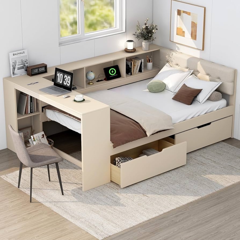 Upholstered Storage Bed with Built-In Desk and Wraparound Shelving