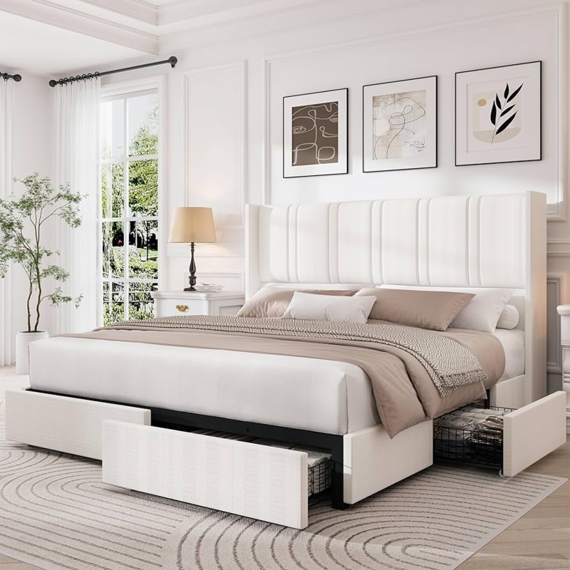 Upholstered Storage Bed with Channel Tufted Wingback Headboard