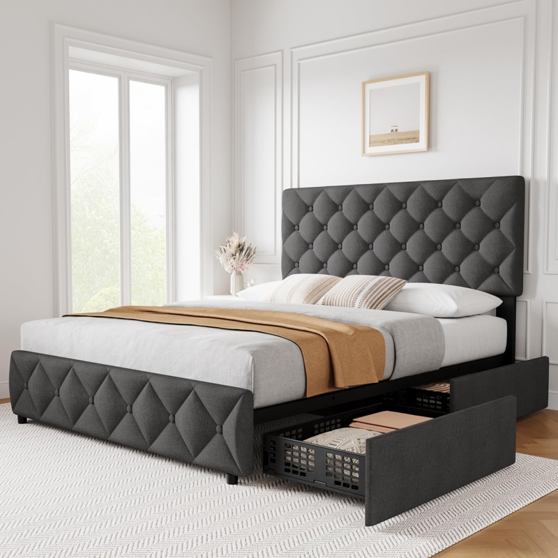 Upholstered Storage Bed with Diamond Tufting in Charcoal Fabric