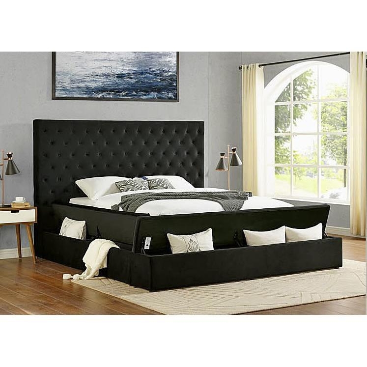 Upholstered Storage Bed with Hidden Base Compartments & Diamond Tufting
