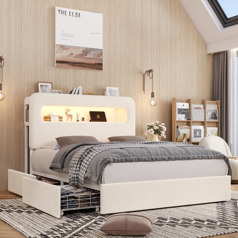 Upholstered Storage Bed with Illuminated Headboard Niche, Wire Drawers