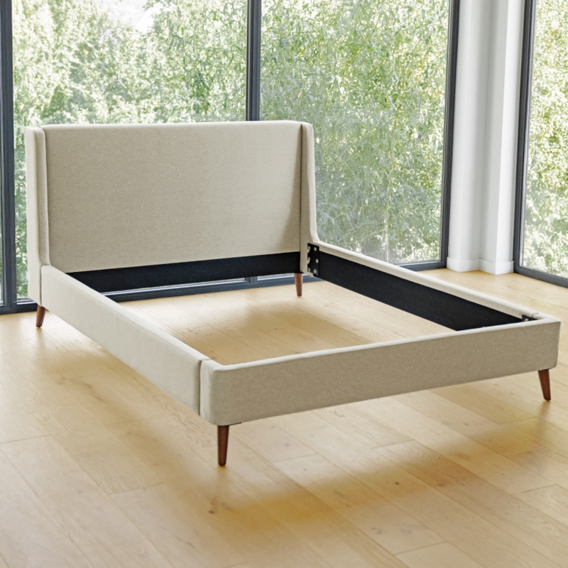 Upholstered Wingback Bed in Oatmeal Beige Fabric