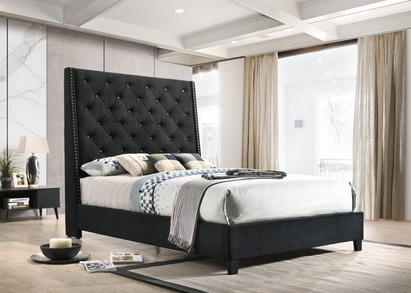 Upholstered Wingback Bed Tall Headboard Velvet Nailhead Trim
