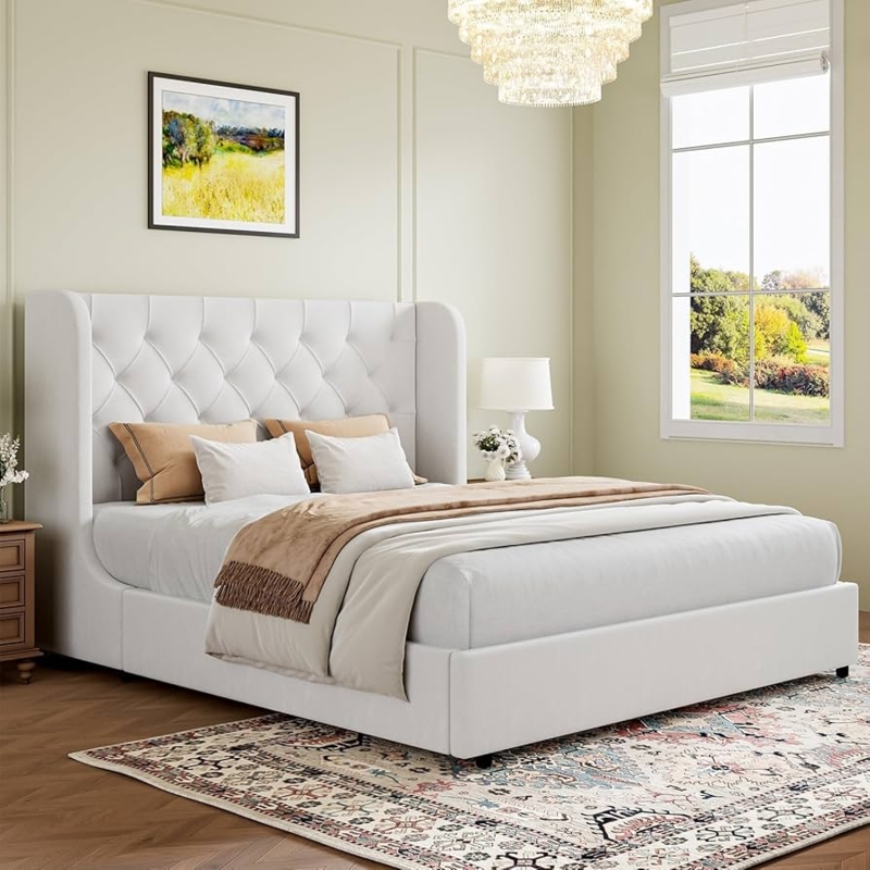 Upholstered Wingback Bed with Channel Tufting and Gold Legs, Glam Style.