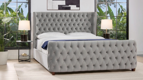 Upholstered Wingback Bed with Diamond Tufting and Oatmeal Fabric