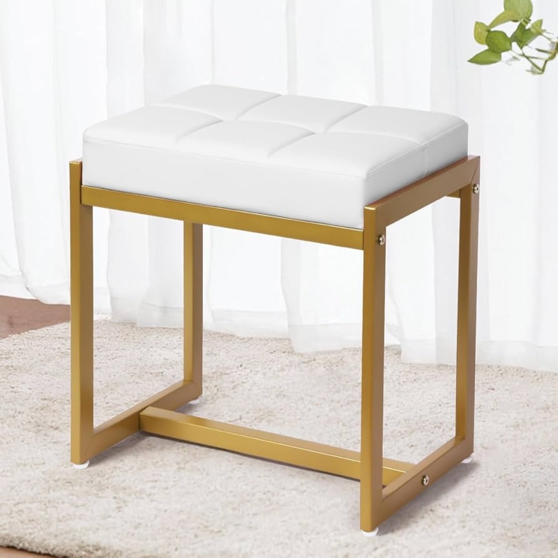 Vanity Bench White Tufted Seat Gold Open Frame Base Minimalist
