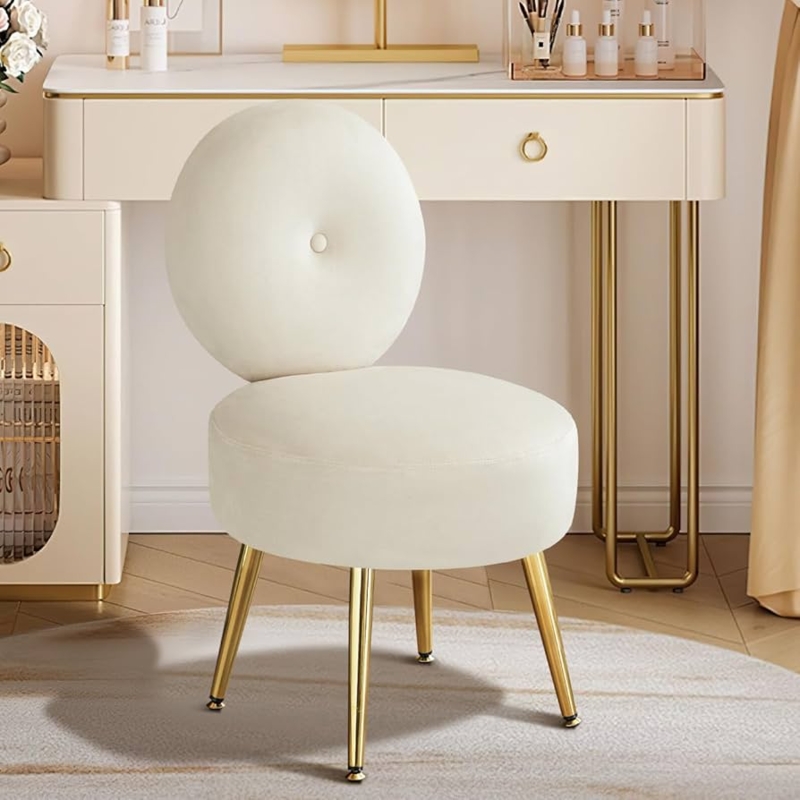 Vanity Chair Beige Velvet Round Back Gold Legs Chic Makeup Stool