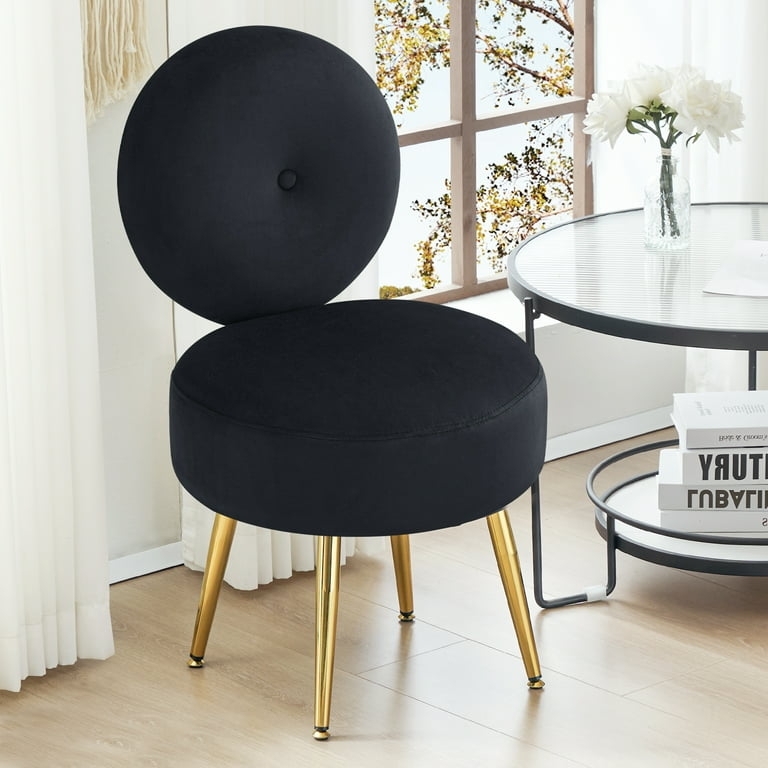 Vanity Chair Black Velvet Circular Back Tapered Gold Legs Stool