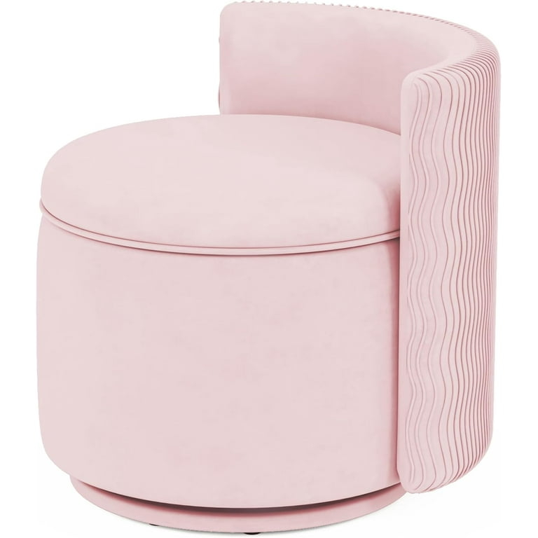 Vanity Chair Blush Pink Velvet Wavy Ribbed Back Swivel Storage Stool