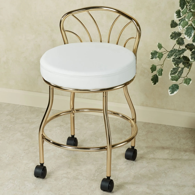 Vanity Chair Brass Contour Back White Seat Rolling Base Casters