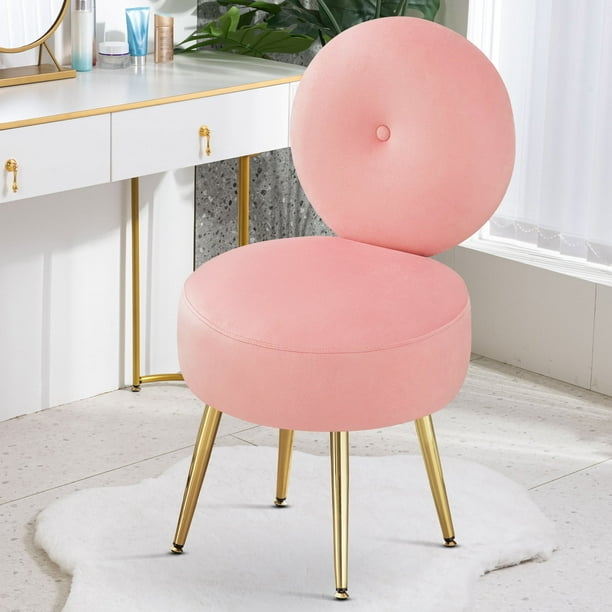 Vanity Chair Circular Backrest Button Tufted Gold Legs Blush Pink