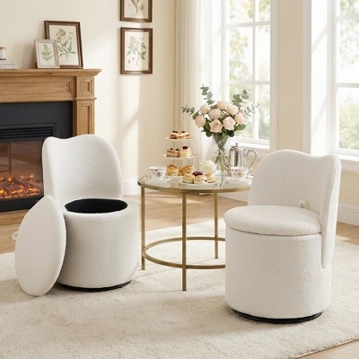 Vanity Chair Cream Boucle Hidden Storage Barrel Back Swivel Stool