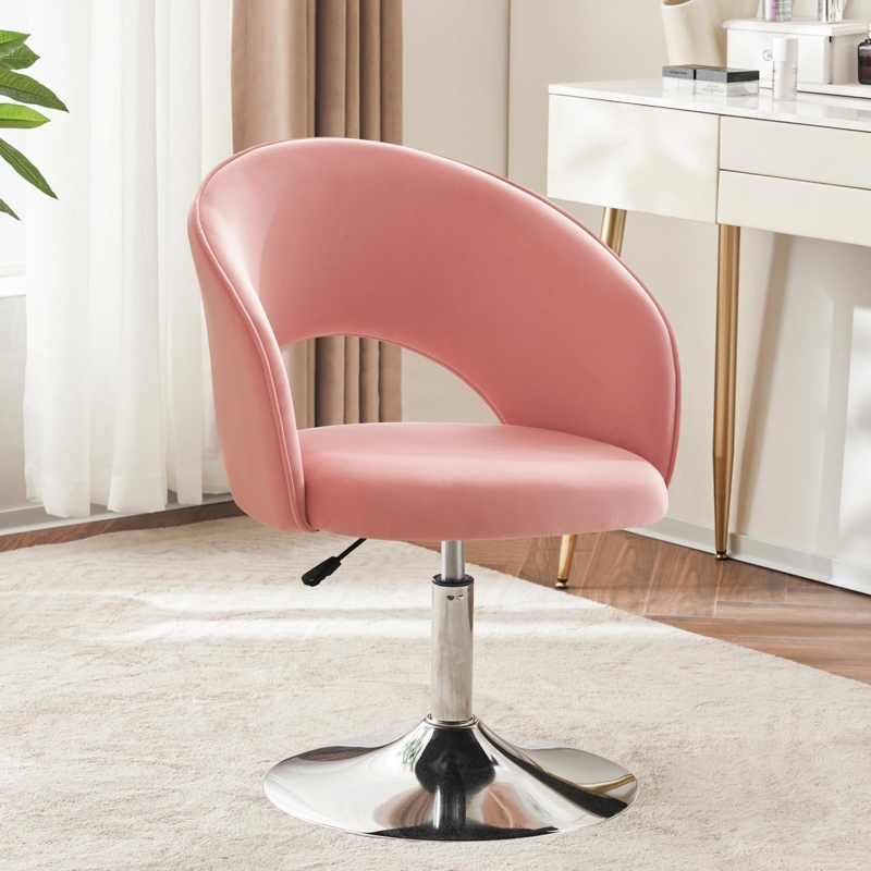 Vanity Chair Cutout Back Swivel Chrome Base Pink Velvet