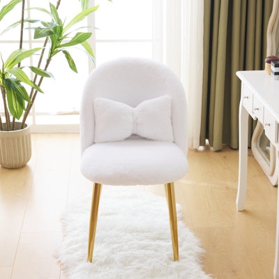 Vanity Chair featuring Plush White Faux Fur and Whimsical Bow Back