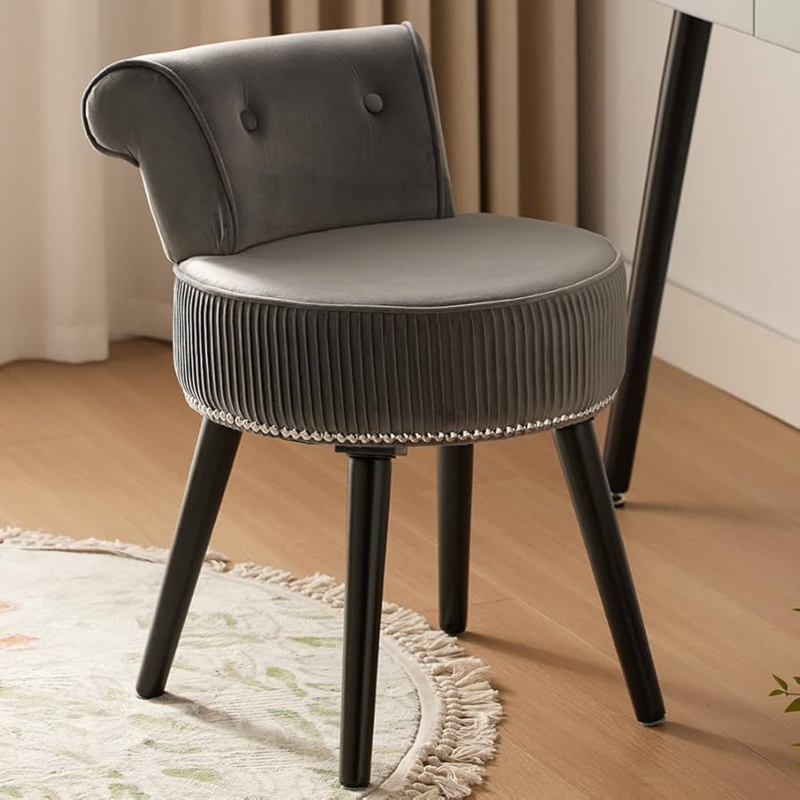 Vanity Chair Grey Velvet Pleated Sides Silver Nailhead Trim