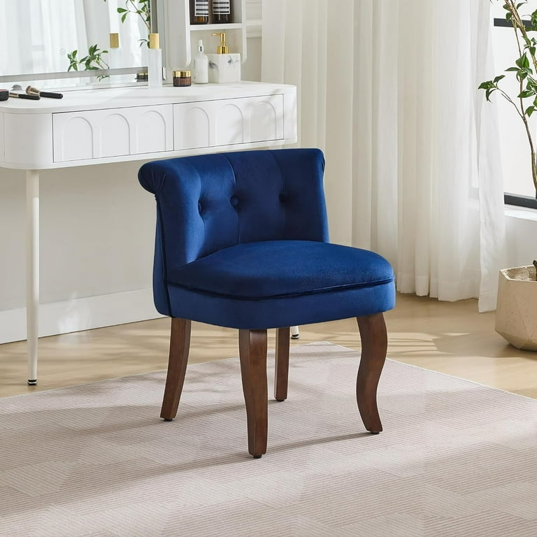 Vanity Chair Navy Velvet Button Tufted Curved Wood Legs