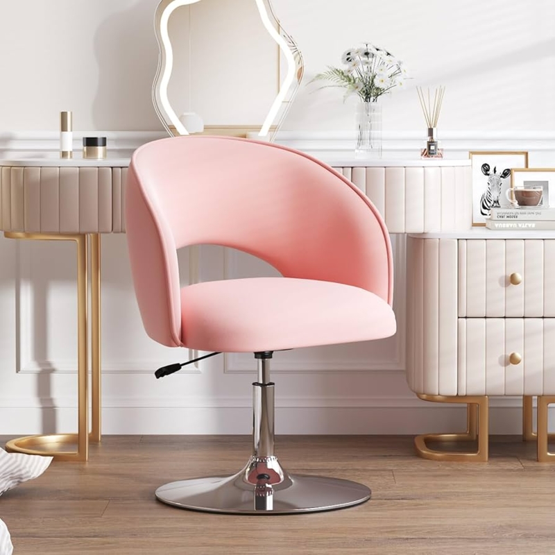 Vanity Chair Pink Curved Wrap Around Back Chrome Pedestal Base