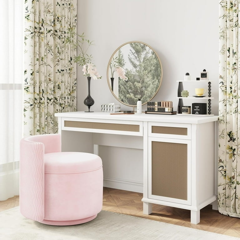 Vanity Chair Pink Velvet Ribbed Barrel Back Swivel Base