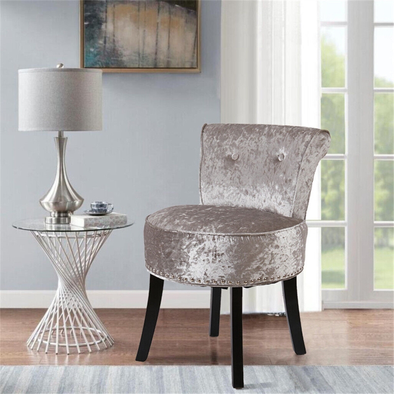 Vanity Chair Silver Crushed Velvet Button Tufted Back Nailhead Trim