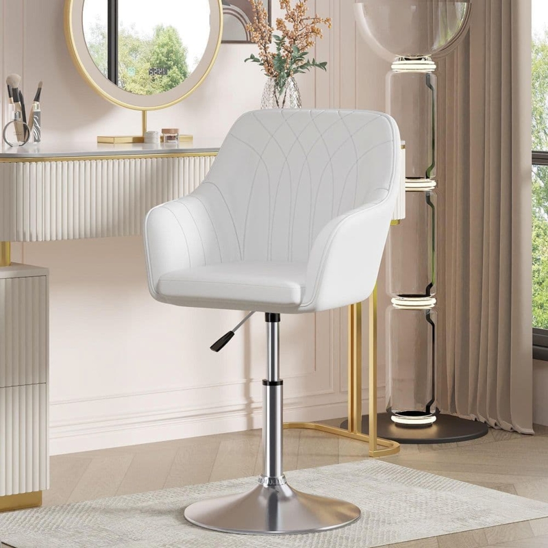 Vanity Chair White Leather-Like Swivel Adjustable Chrome Base