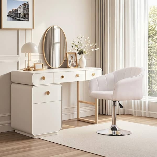 Vanity Chair White Velvet Adjustable Height Chrome Pedestal Base
